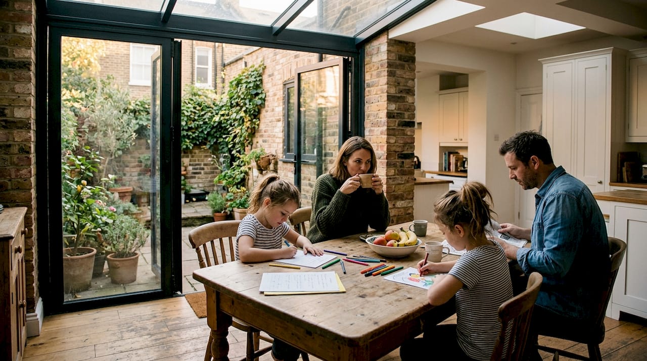 Family in London home rear extension dining