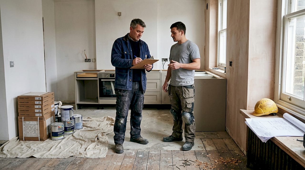 Supervisor checking checklist on London renovation site