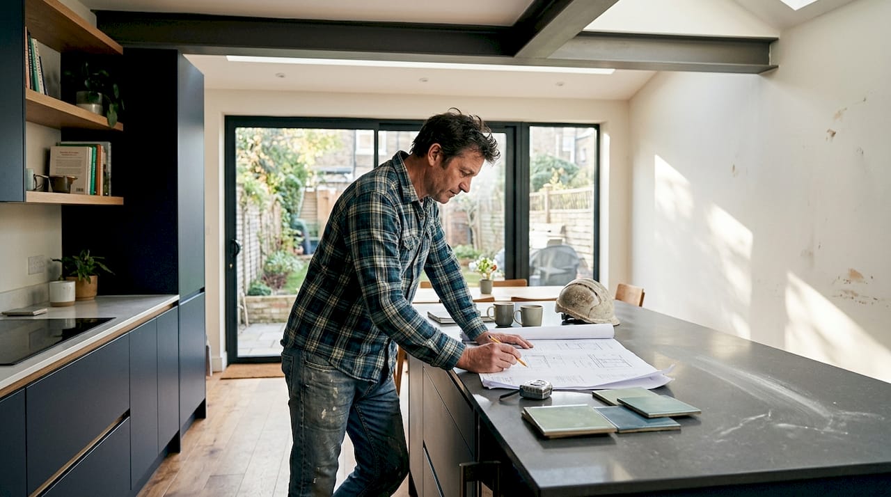 Builder checking plans in new wraparound extension