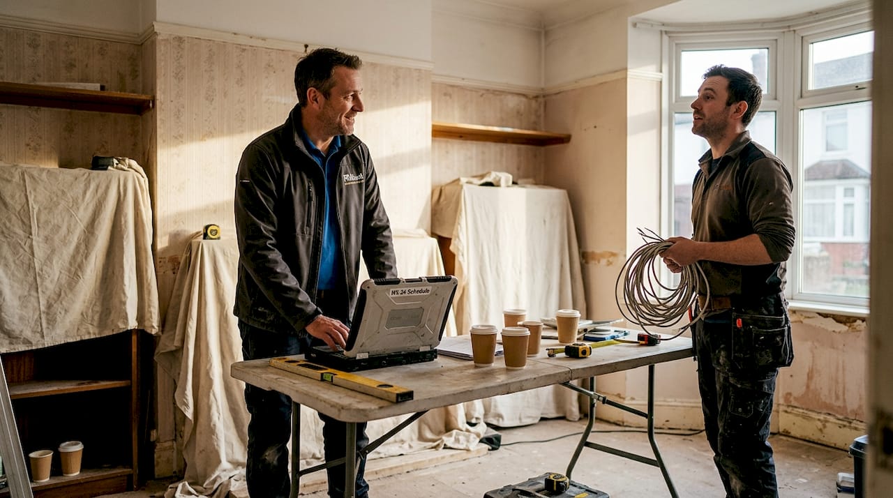 Site manager and electrician confer in active renovation