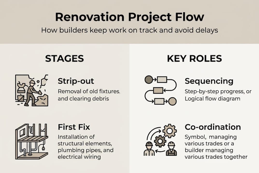 Infographic showing renovation stages and builder roles