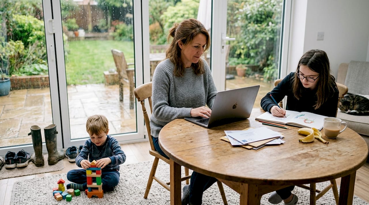 Family using bright extended kitchen area