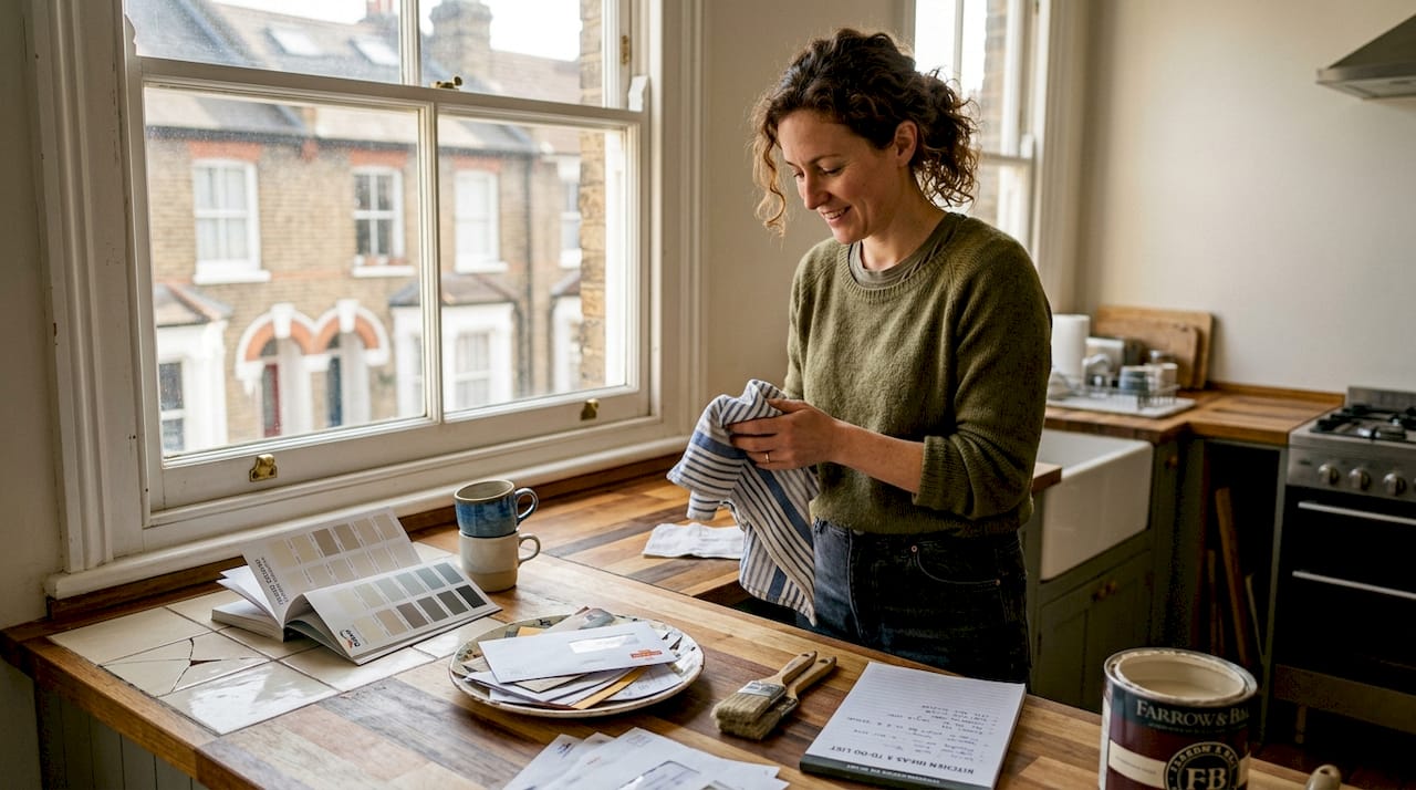 Homeowner working in renovated London kitchen