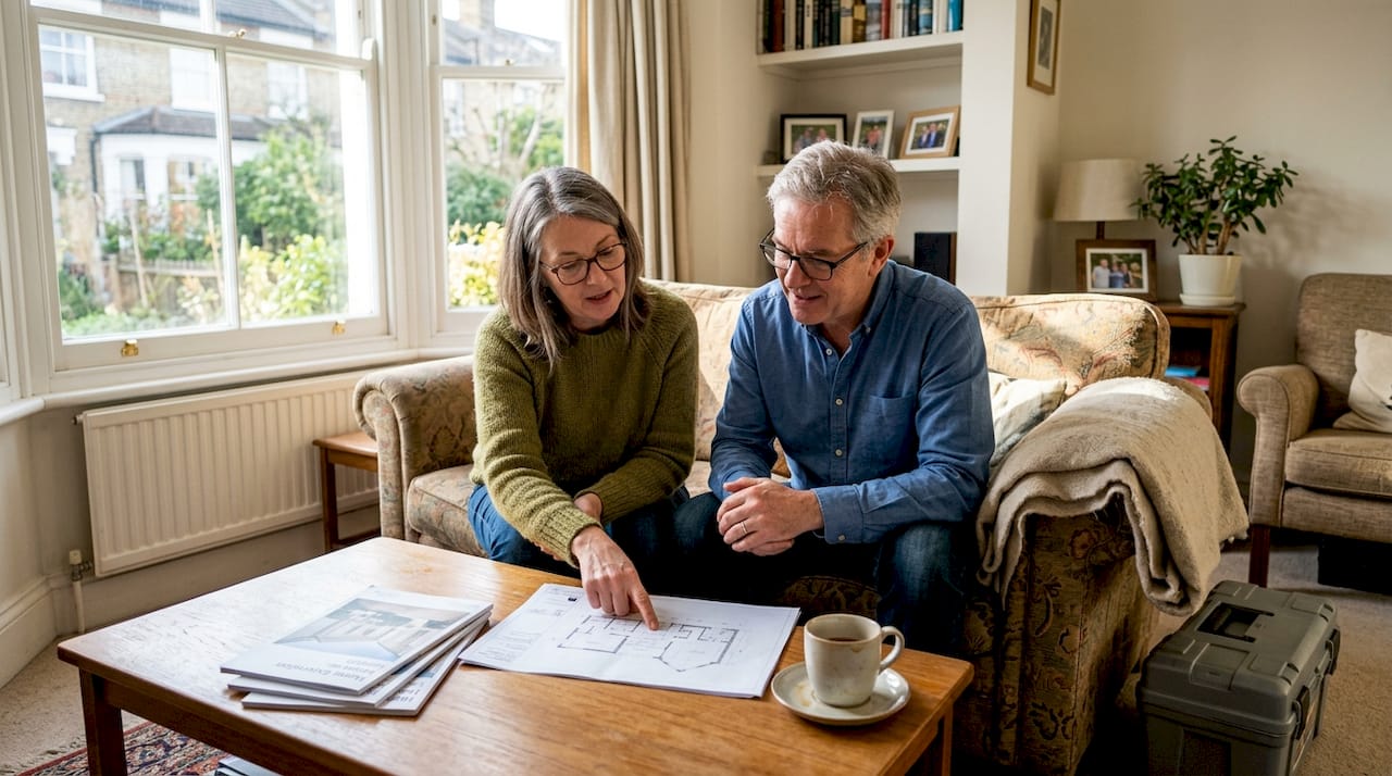 Couple reviewing modernisation plans in London living room