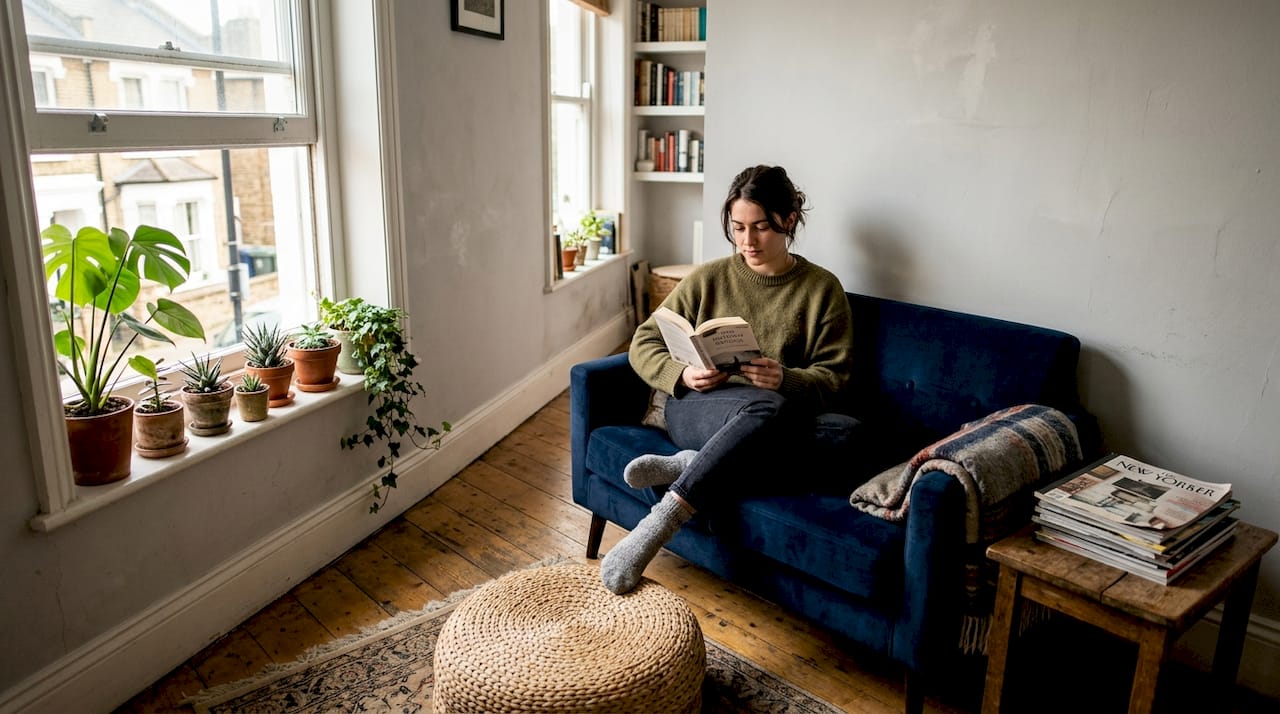 Woman reading in small London living room