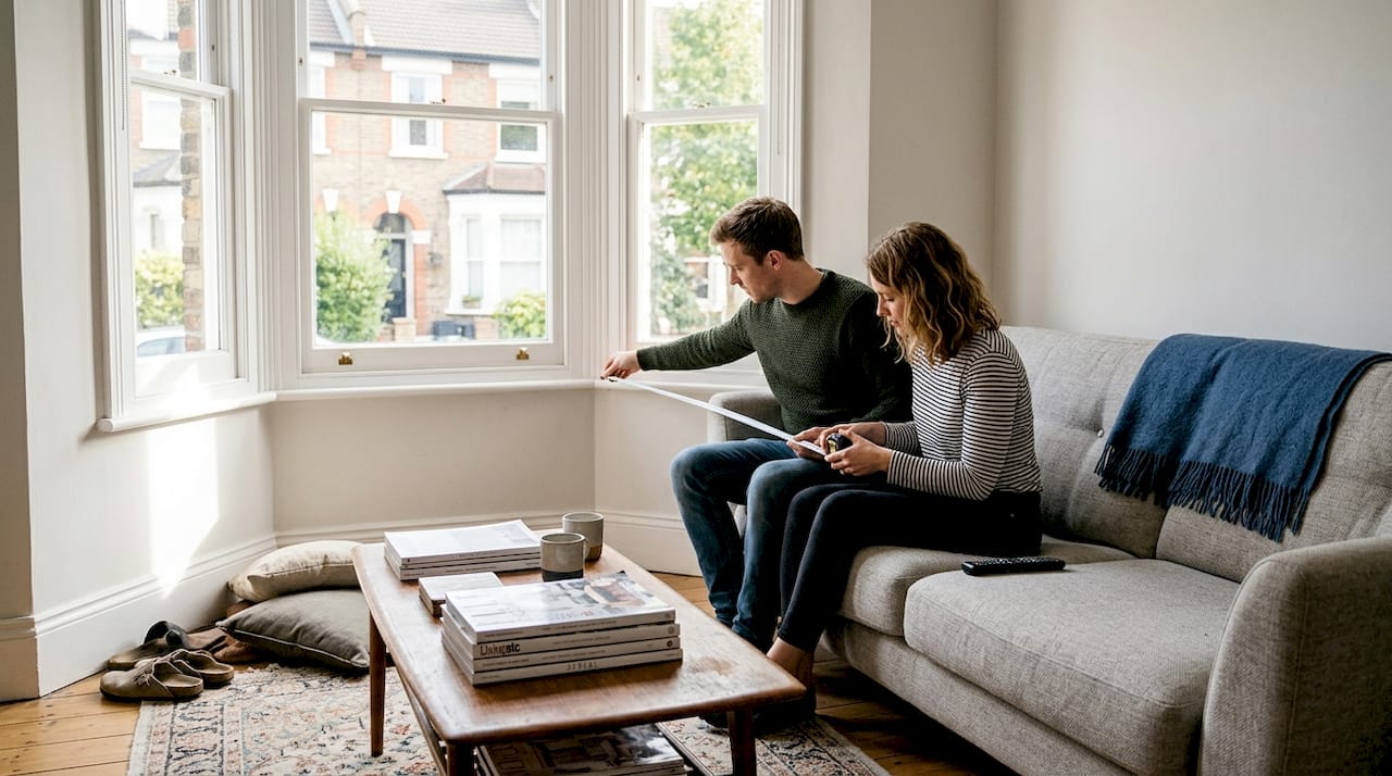 Couple measuring London living room space