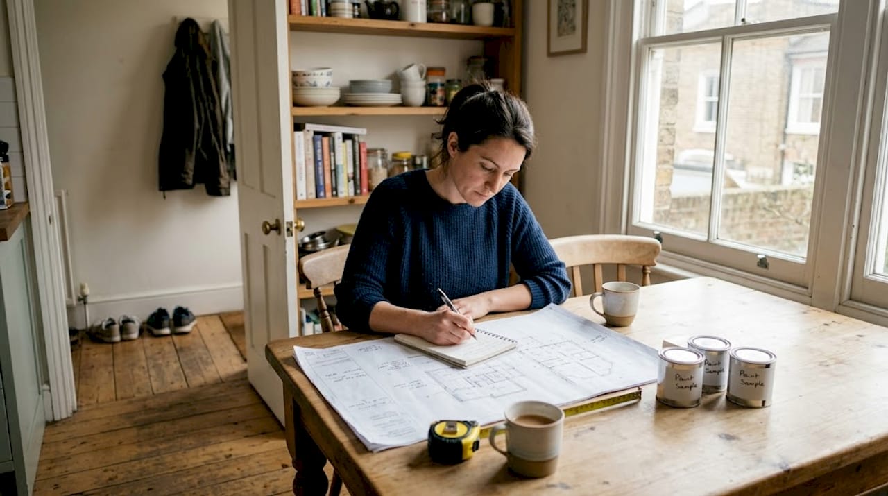 Homeowner reviewing house plans at kitchen table