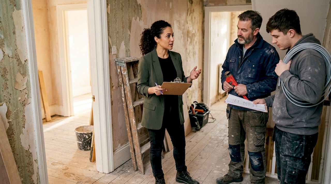 Coordinator speaking with tradespeople in hallway