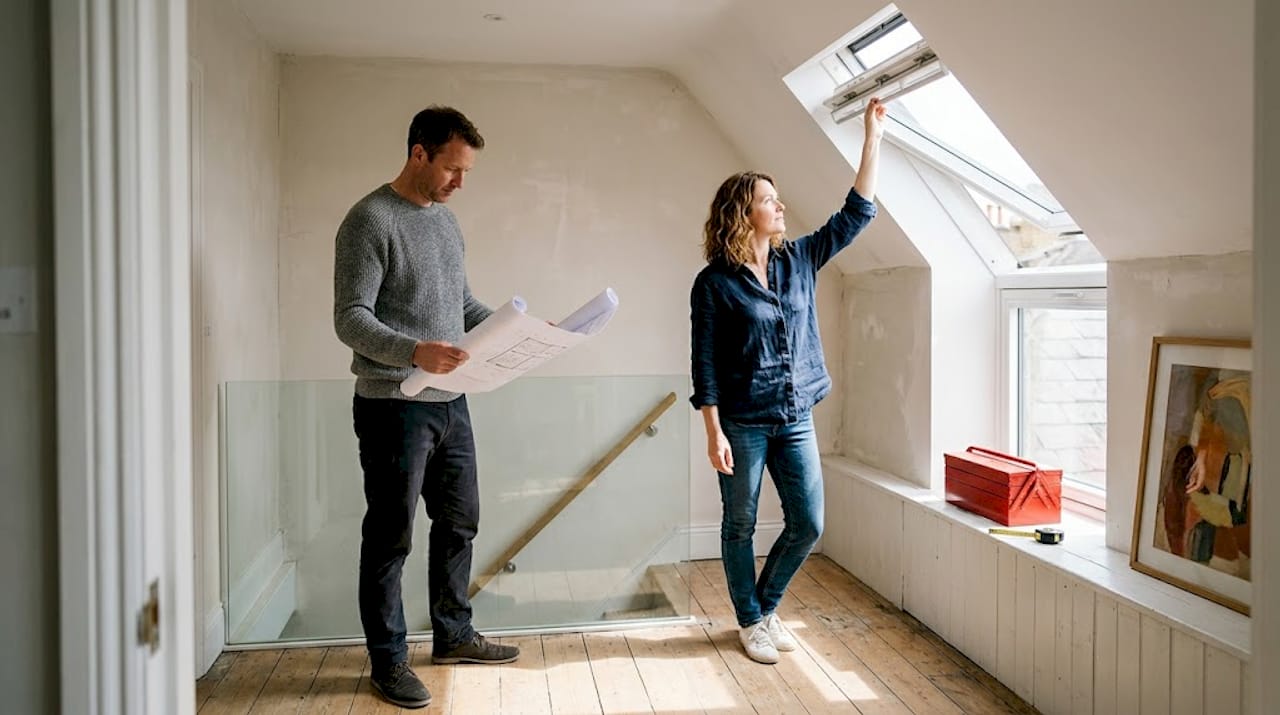 Couple reviewing London loft conversion plans