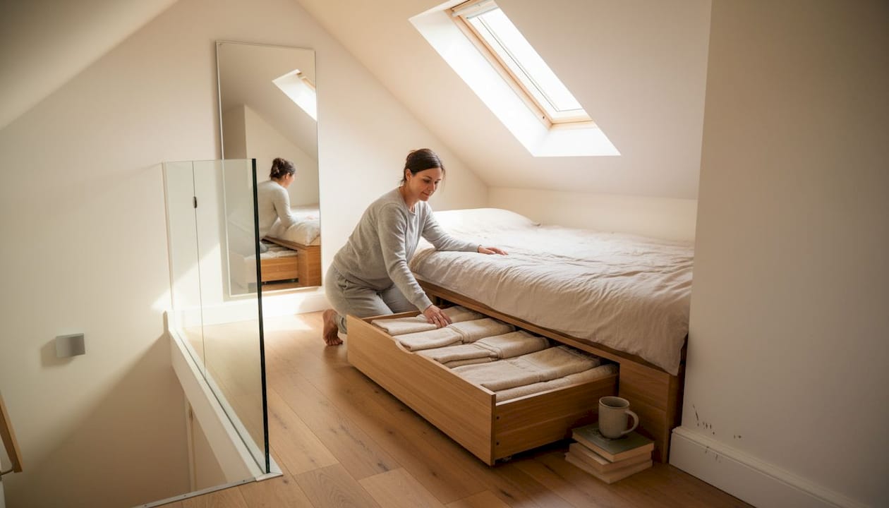 Homeowner stores items in loft under-bed drawers