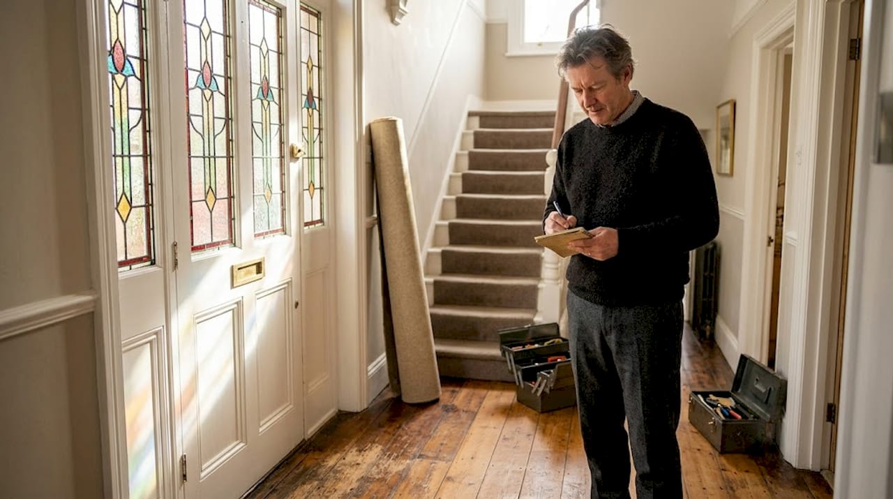Homeowner inspecting Victorian hardwood flooring