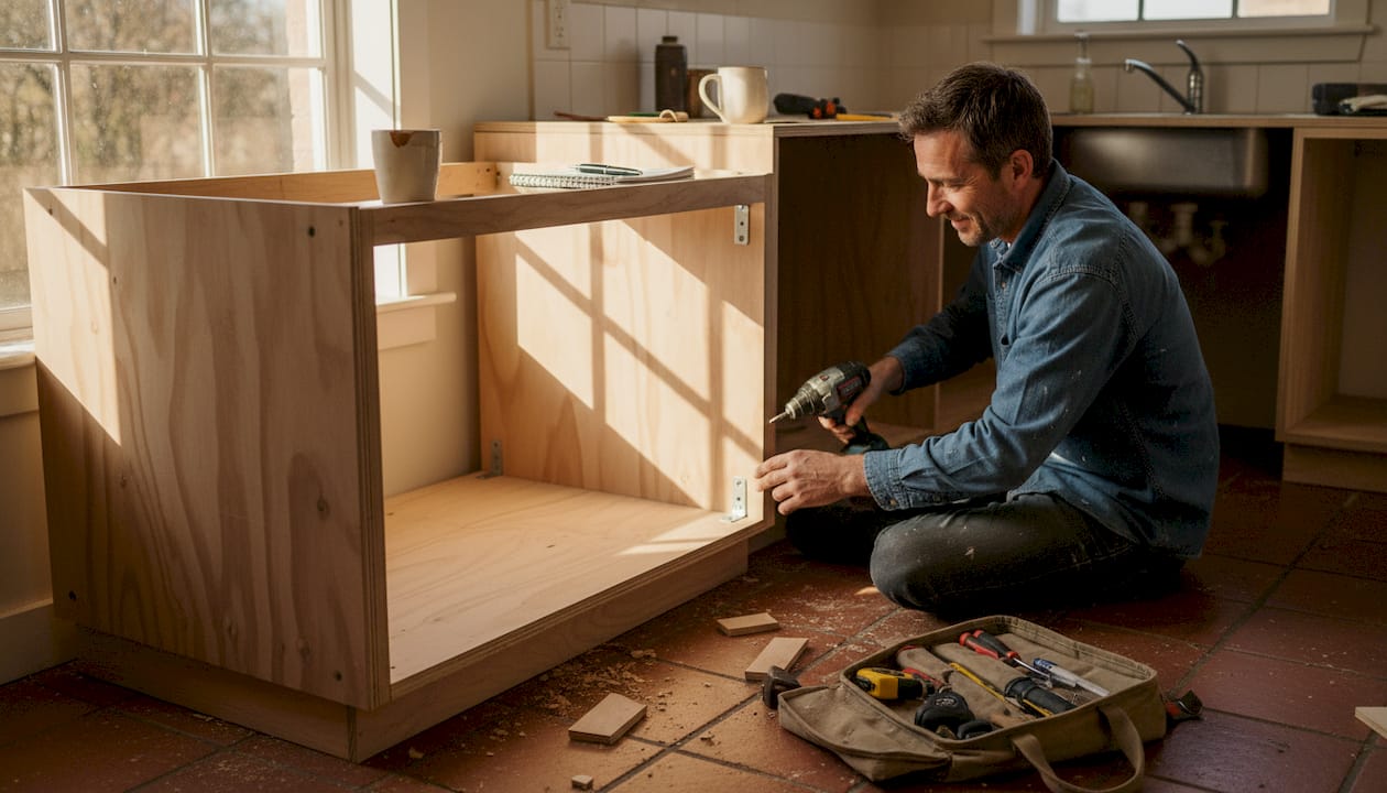 Carpenter assembling plywood kitchen cabinet on floor