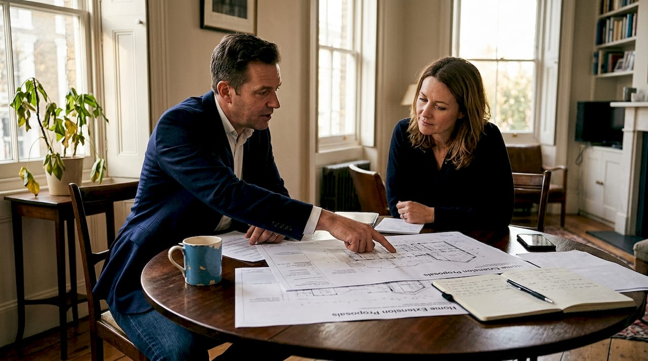 Estate agent reviewing extension plans with client