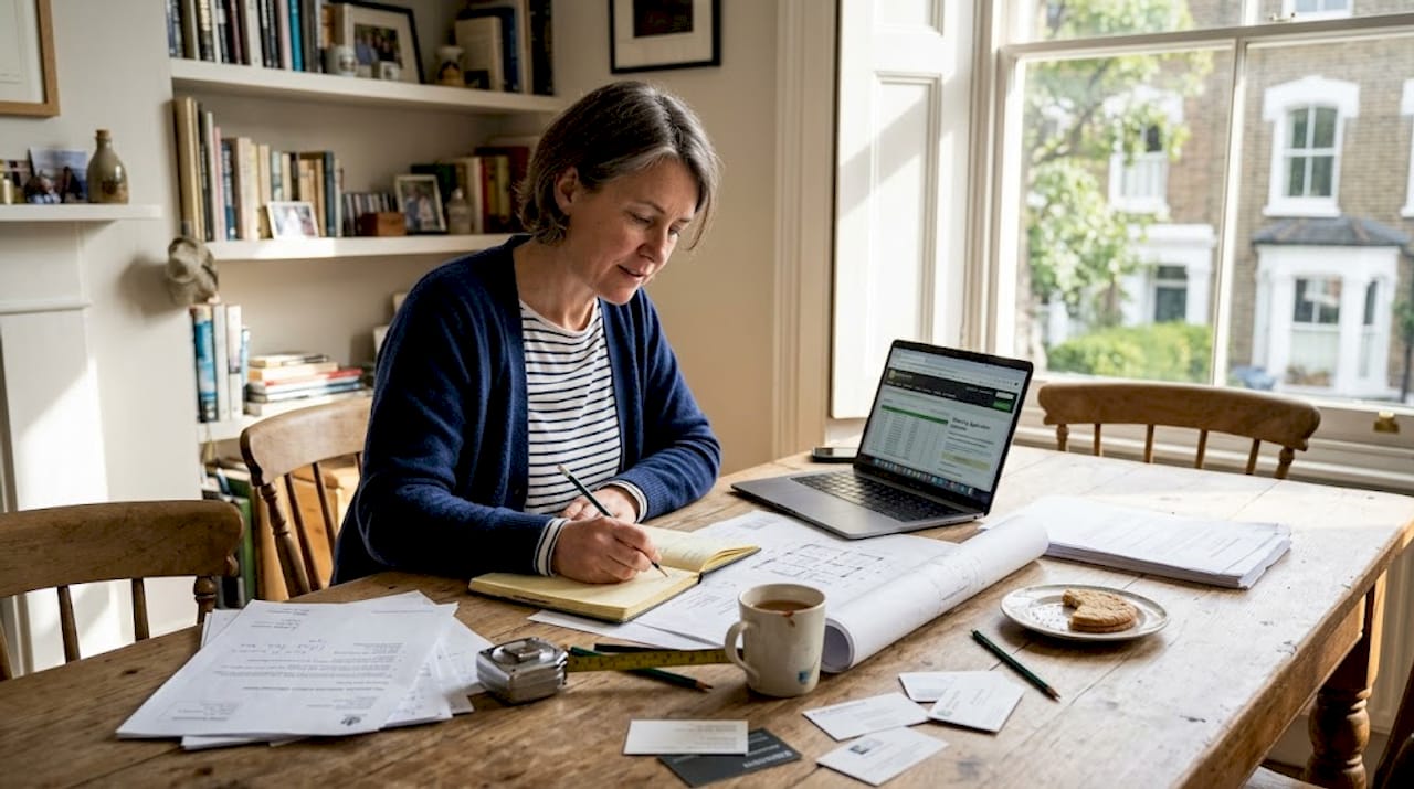 Homeowner planning refurbishment at dining table