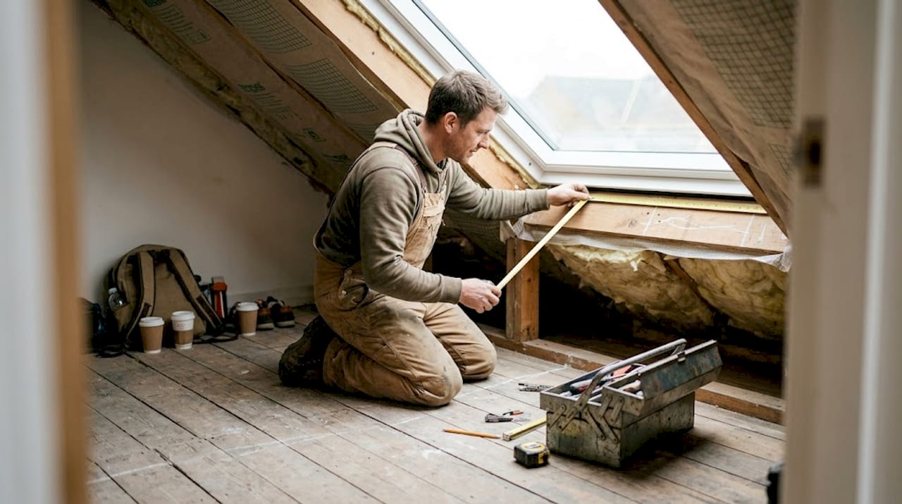 Builder measuring skylight during loft conversion