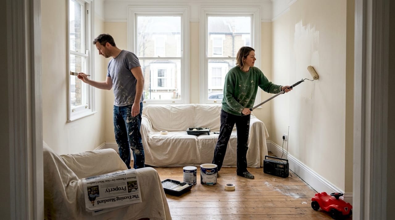 Couple painting living room West London home