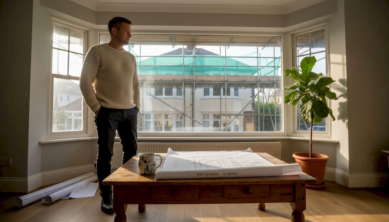Homeowner observing roof extension in West London
