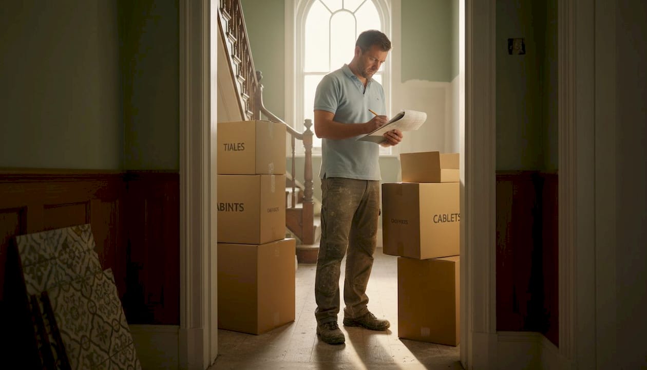 Contractor checks kitchen material deliveries