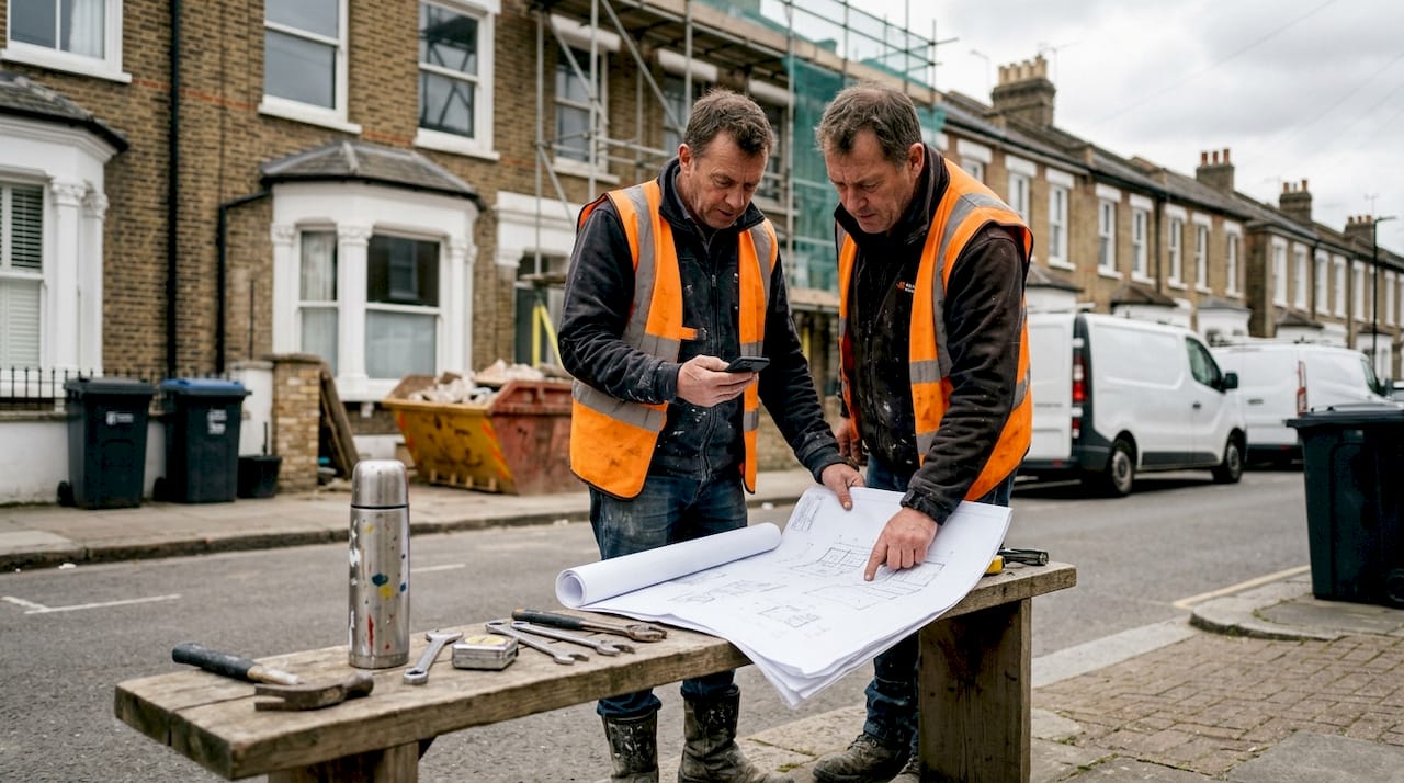 Builder checks blueprints outside London townhouse