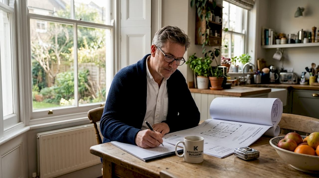 Project manager reviewing home renovation blueprints