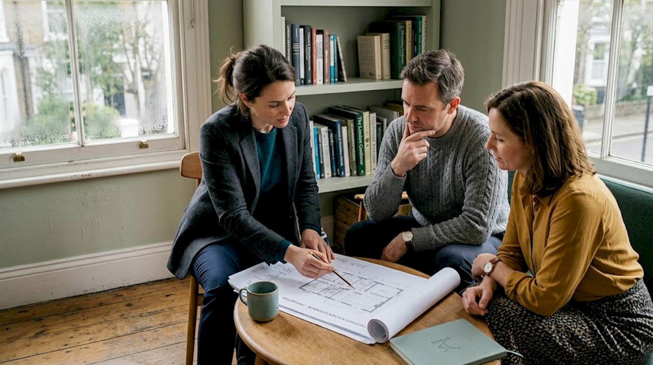 Architect and homeowners reviewing building plans together