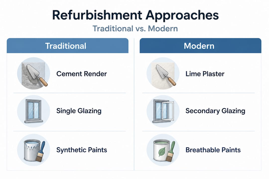 Split comparison of traditional and modern refurbishment strategies