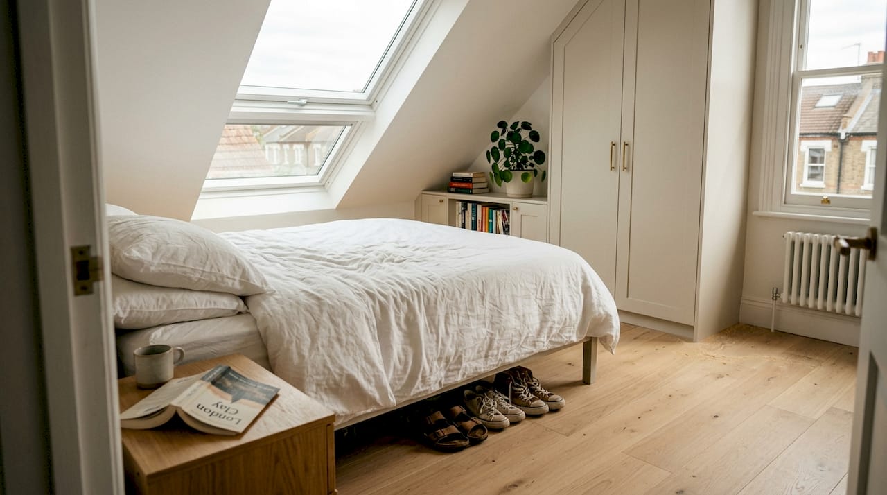 Converted loft bedroom under skylight West London