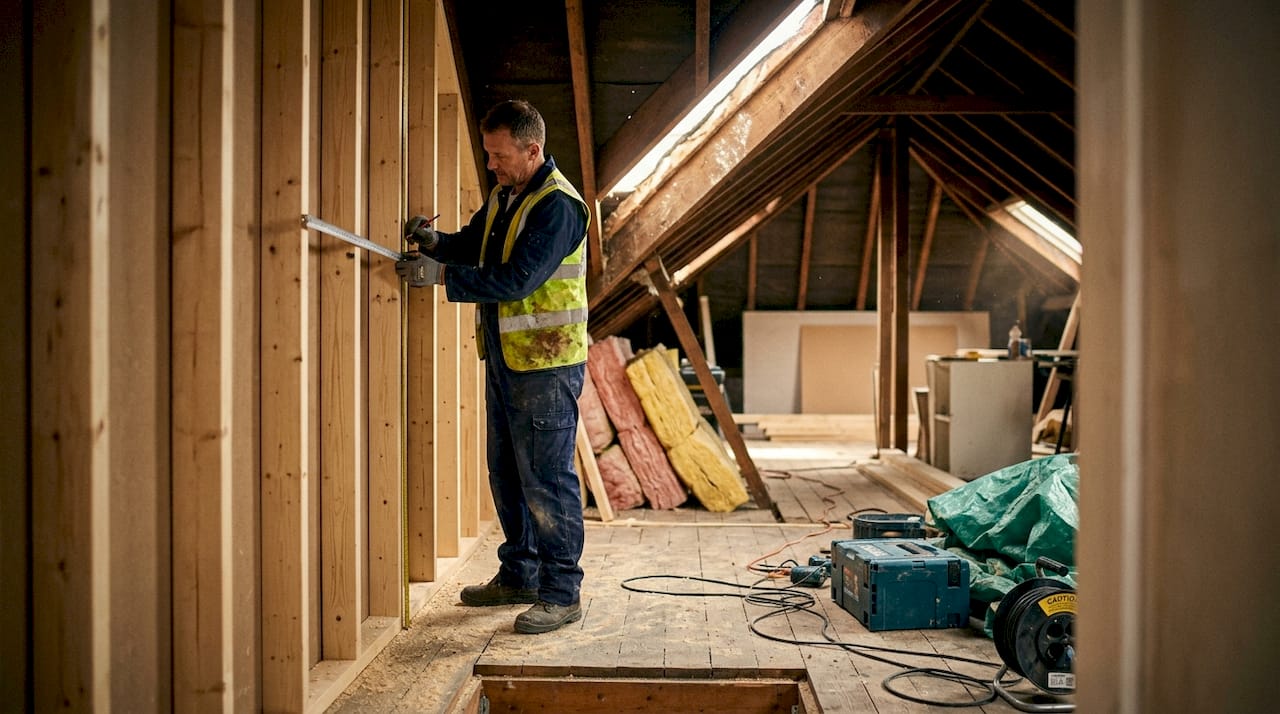 Worker measuring gable wall in London loft