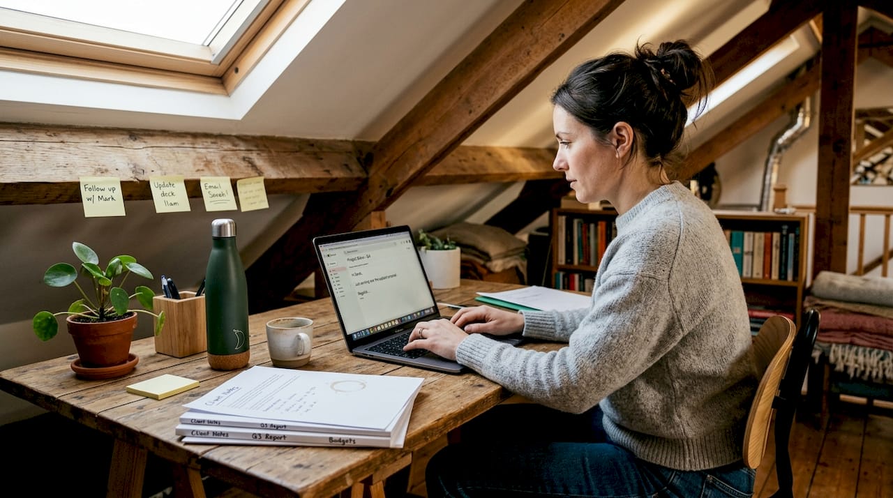 Woman typing in converted loft office