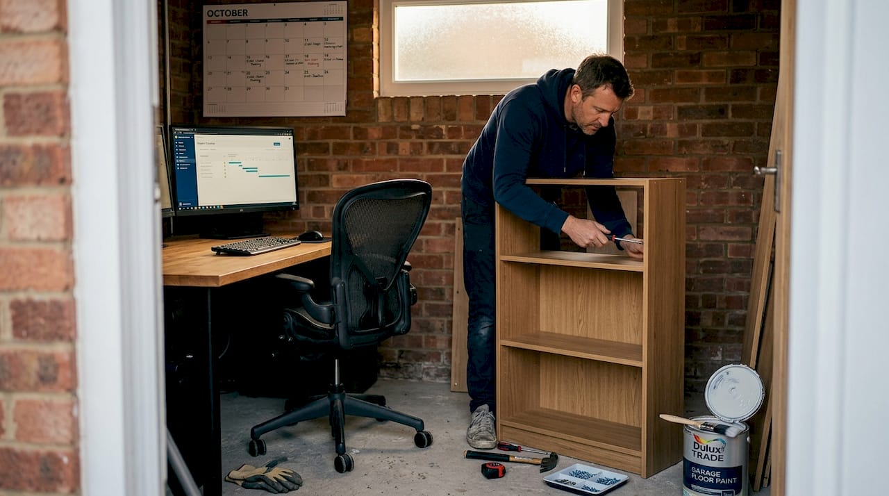 Man assembling shelf in garage office