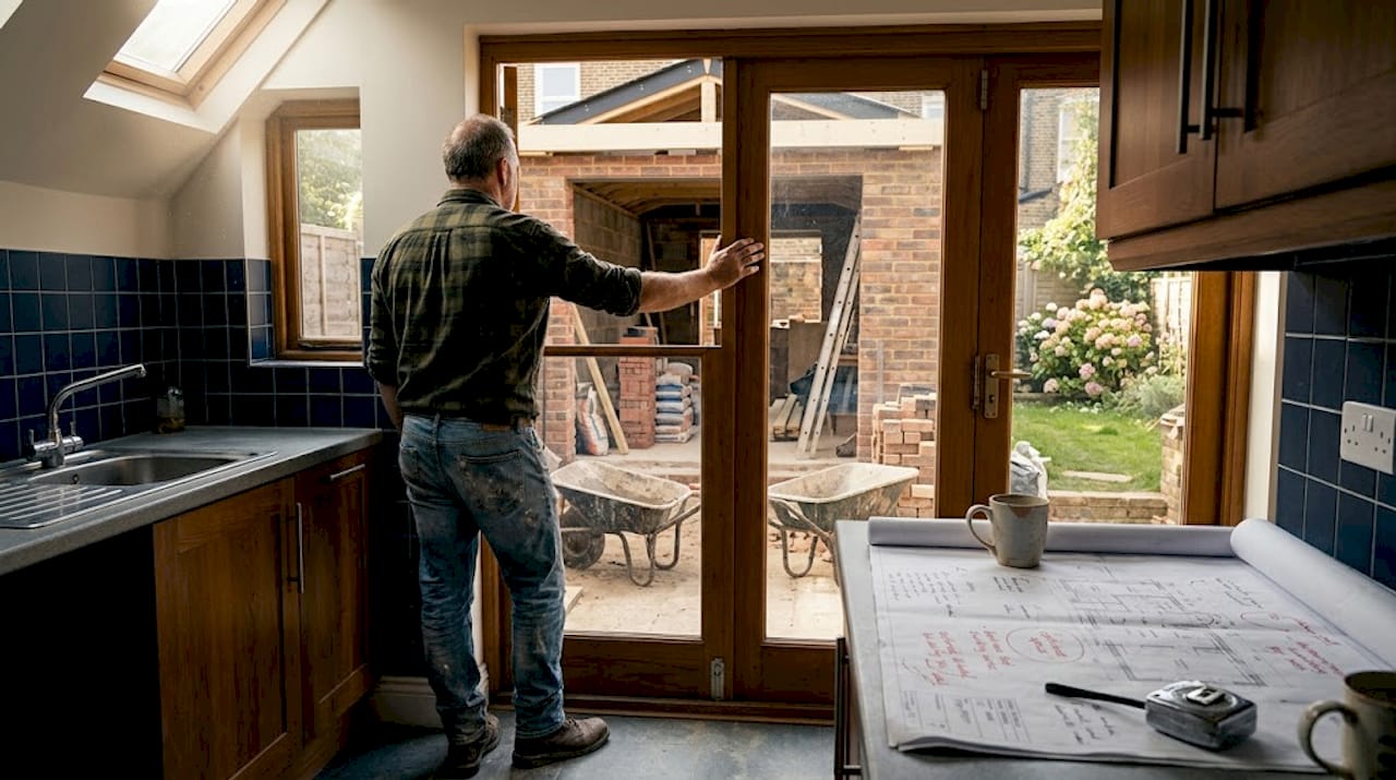 Homeowner looks at rear extension under construction