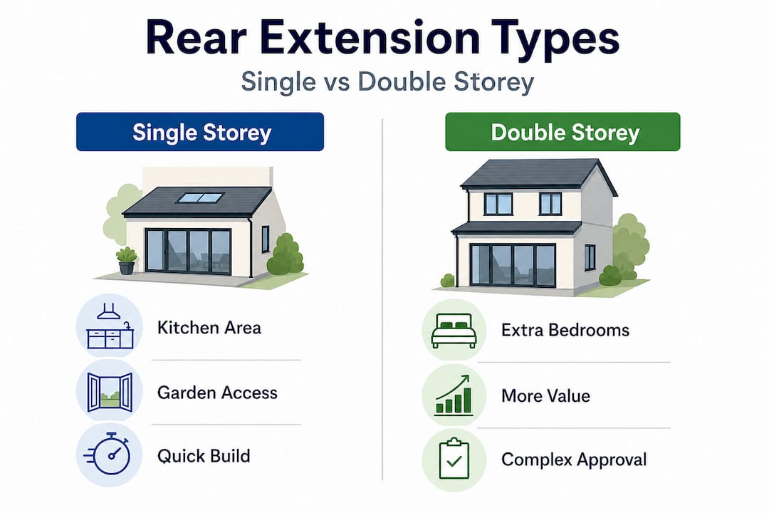 Infographic comparing single and double storey rear extensions
