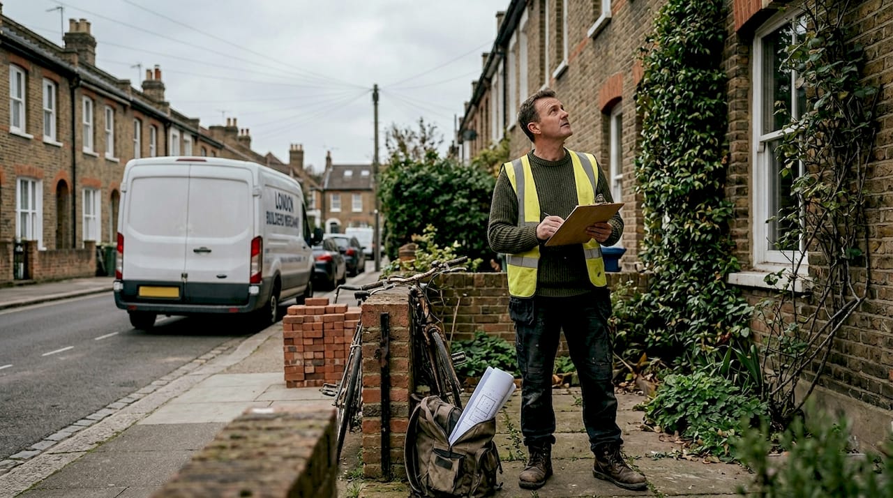 Contractor checking plans at London terraced house