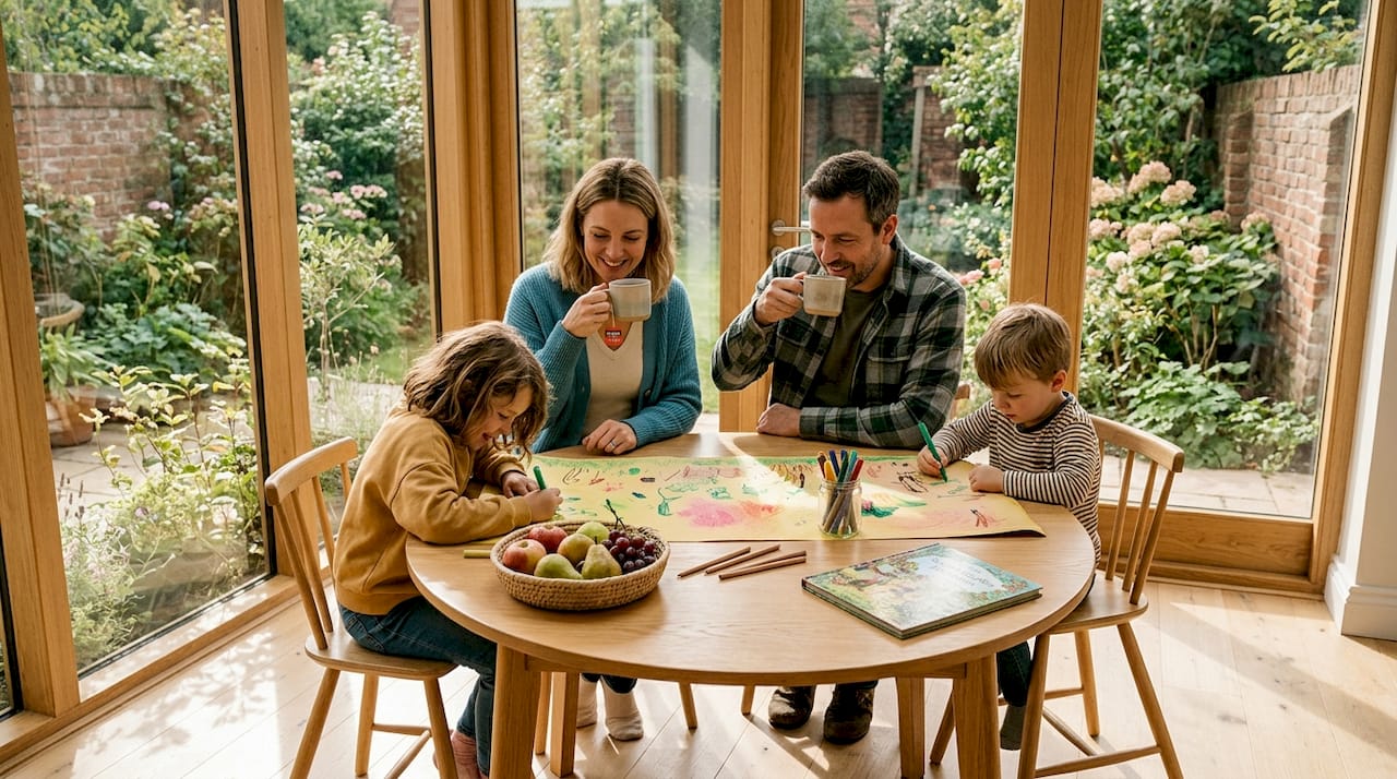 Family relaxing in extended dining space