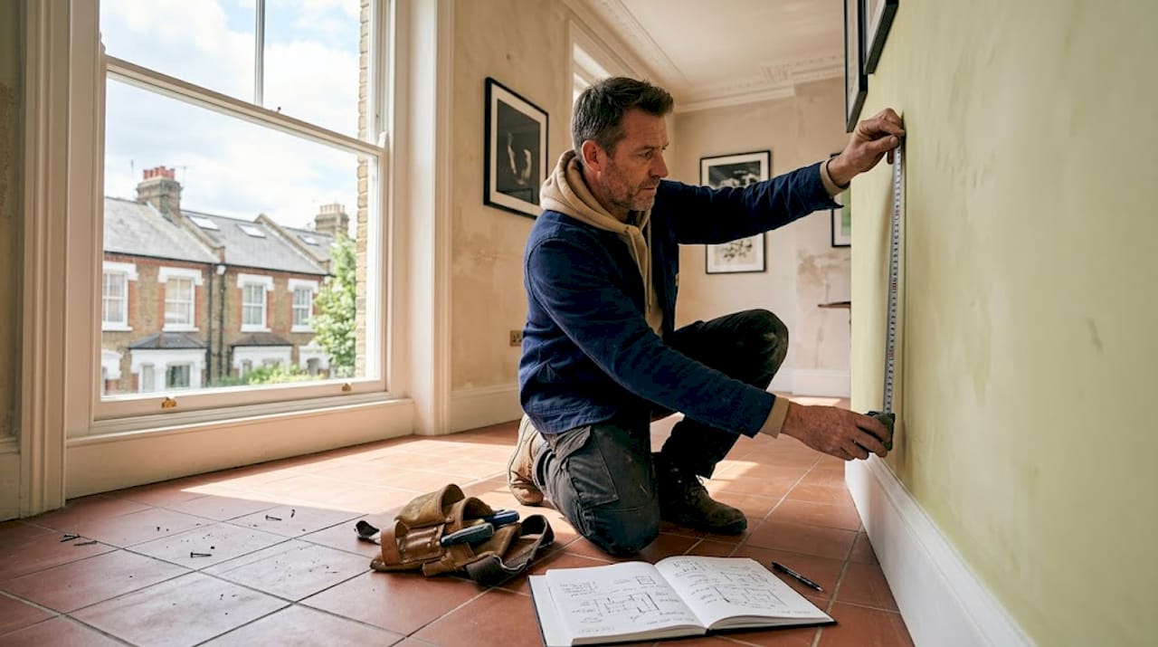 Builder measuring living room wall for extension