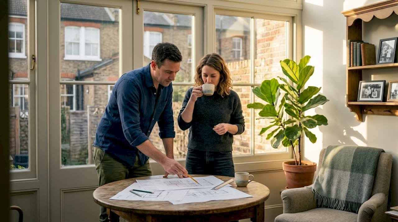 Couple reviewing home extension plans in kitchen