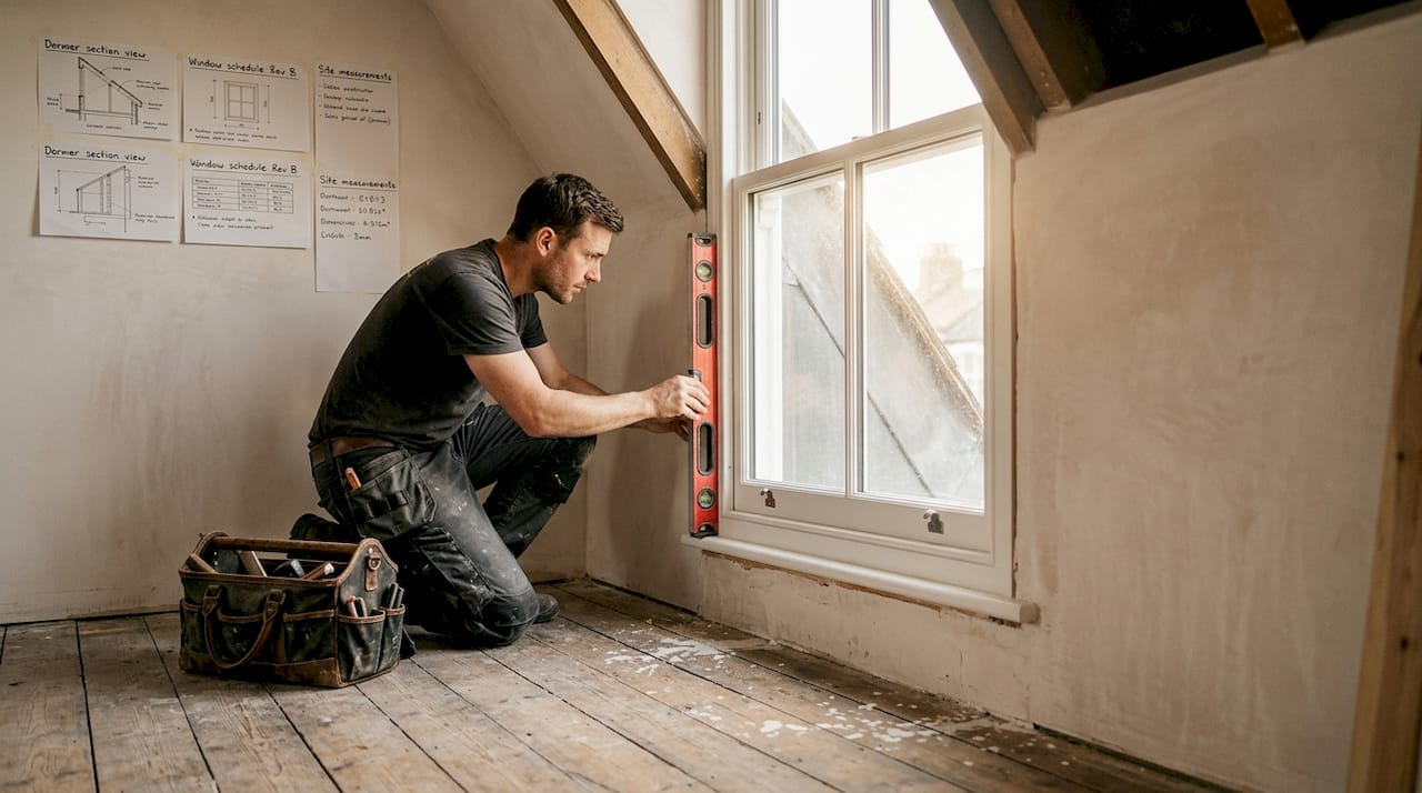 Worker checks window frame at pitched dormer