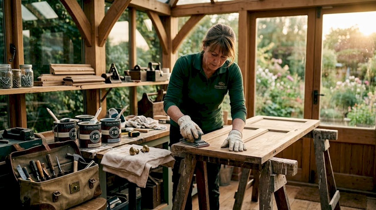 Carpenter restoring period door in workshop