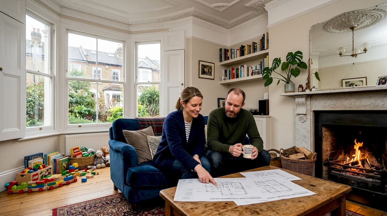Couple reviewing plans in period living room