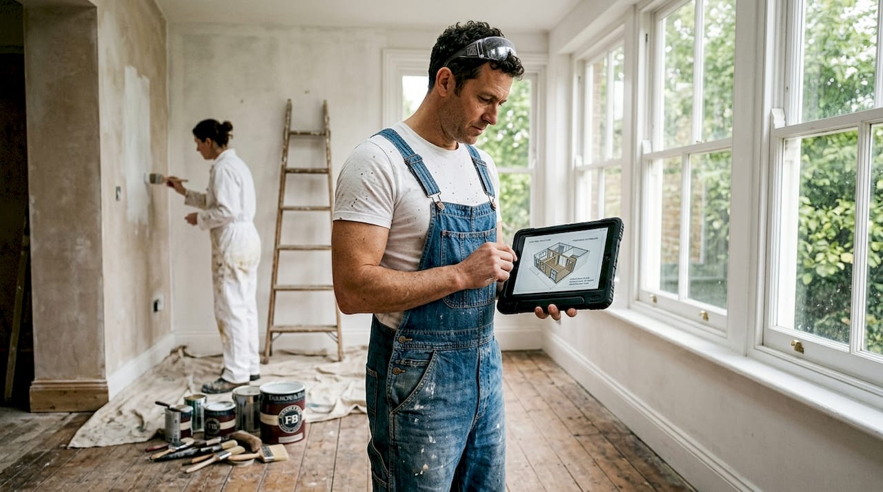 Contractor reviewing digital renovation model onsite
