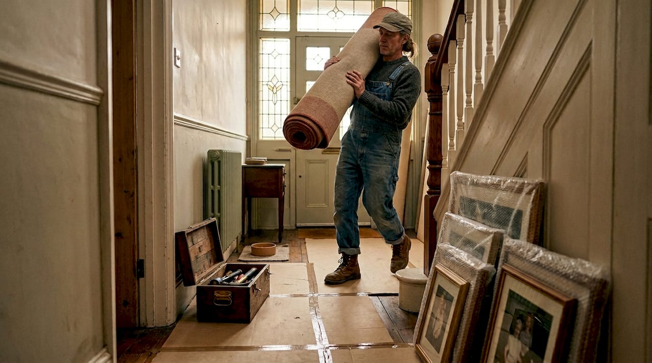 Worker removing carpet during home preparation
