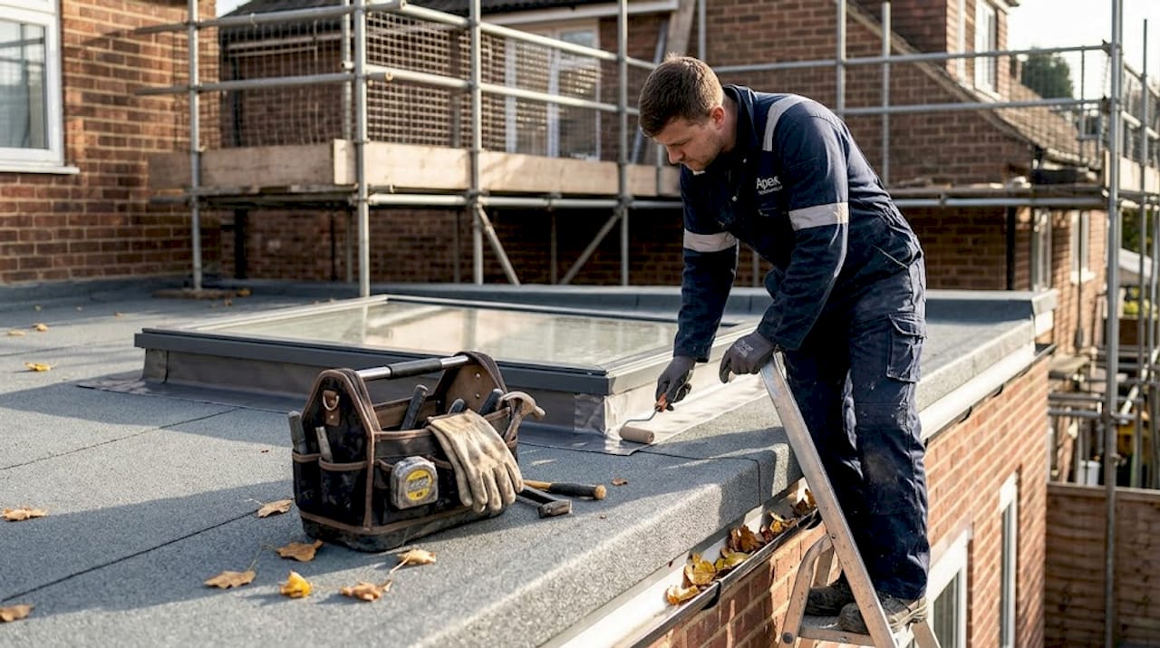 Builder adjusting rooflight facing bright sun