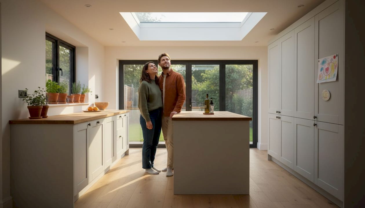 Homeowners admiring daylight through rooflight