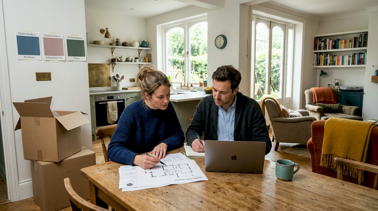 Couple planning multi-room home renovation at dining table