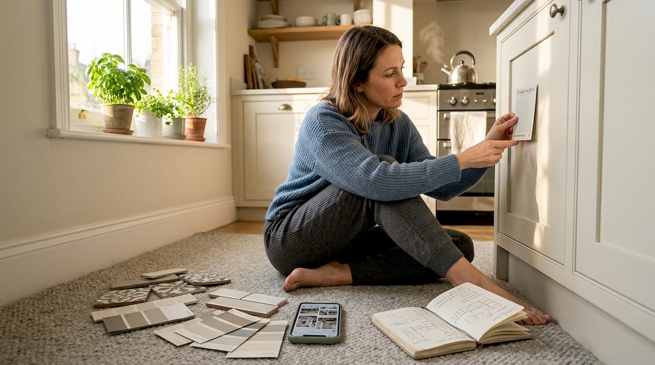 Homeowner comparing color and tile samples for renovation