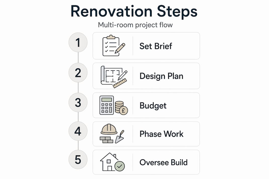 Infographic showing multi-room renovation process steps