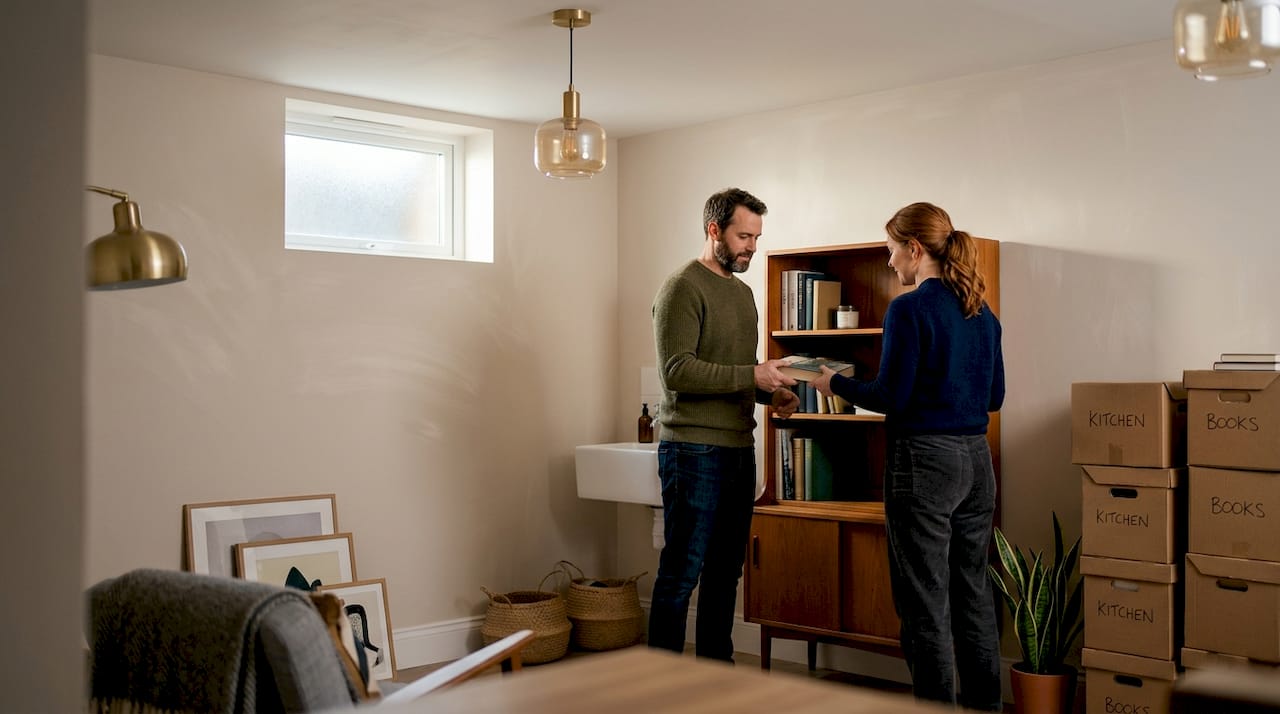 Couple arranging bookshelf in new basement conversion