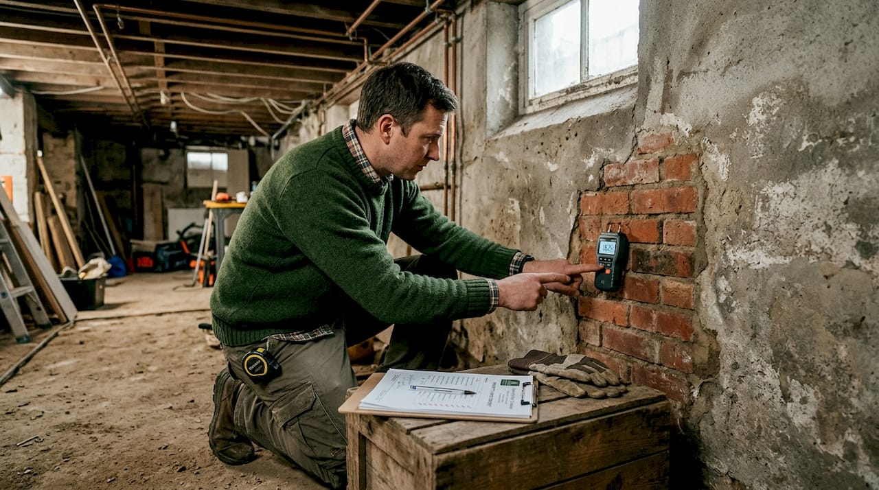 Surveyor inspects basement wall for conversion