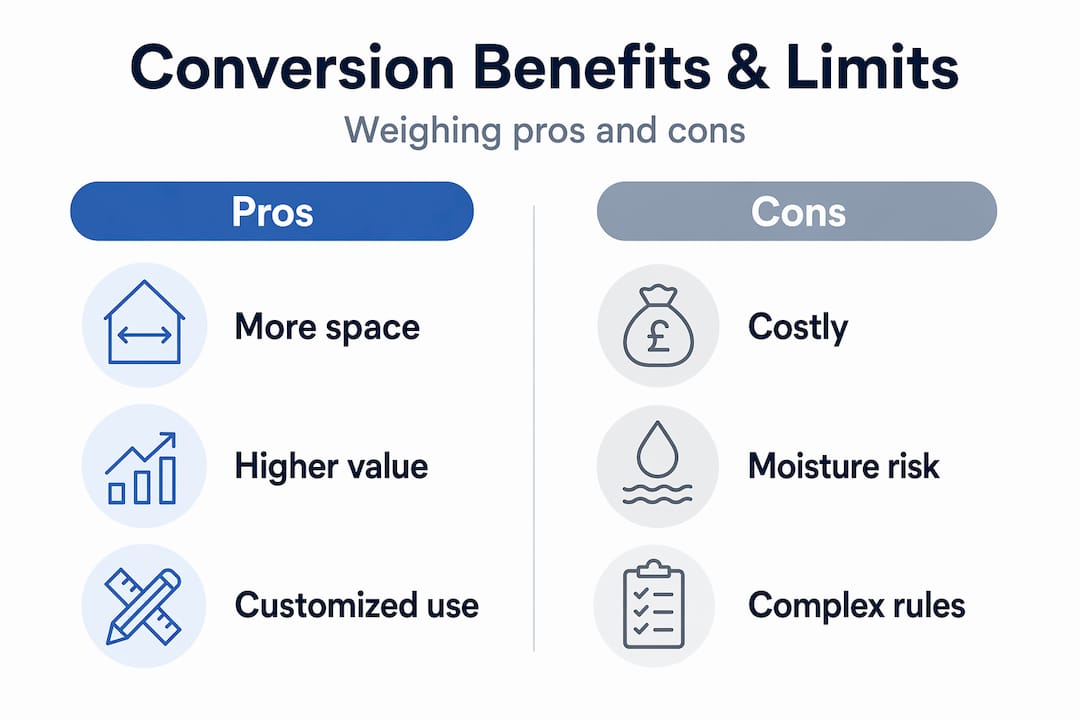 Infographic comparing pros and cons of basement conversion