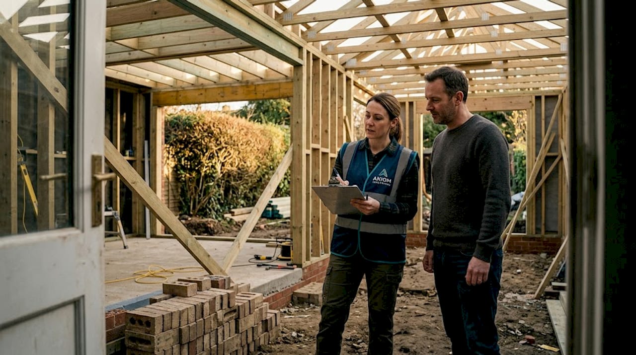 Inspector and homeowner at home extension site